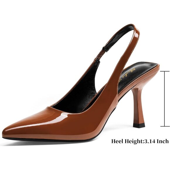 Women Brown Patent Satin Pointed Closed Toe Slingback Mid Heels Stiletto Pumps - Picture 2 of 9